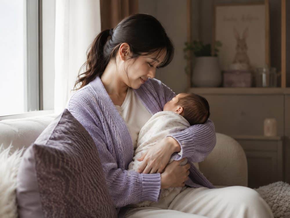 Mother cradling her newborn during a lactation consultation journey in Singapore